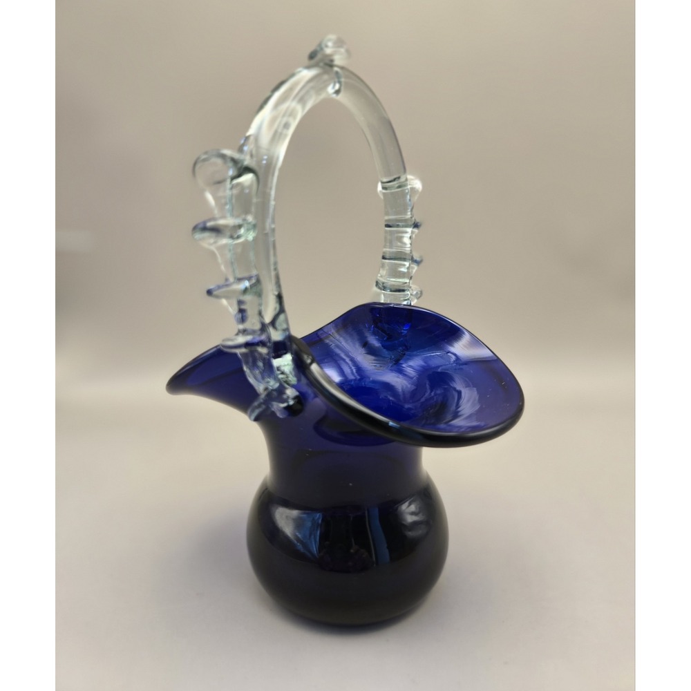 Vintage‎ Romanian Basket Handblown Cobalt Blue 6.75" Tall B#30
